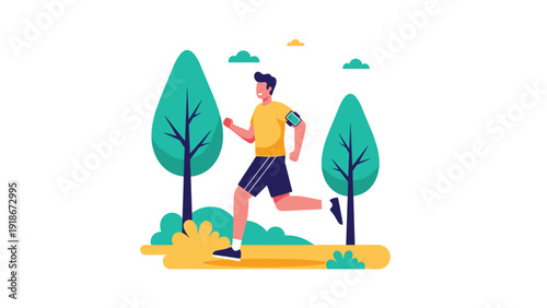 Active young man wearing athletic clothes and an armband jogging through a green park with trees on a bright and sunny day for fitness.