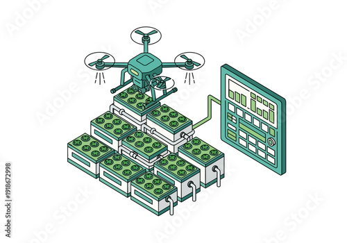 Isometric illustration of a drone performing automated data management and processing tasks on a modular system connected to a display.