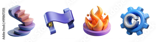Web development icon set. Includes gear, flame, ribbon, and screw icons. Created in colorful 3D style with purple and orange palette