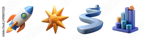 Business success 3D icon collection. Includes rocket, star, spiral, and graph symbols. Created in 3D render with blue and orange palette