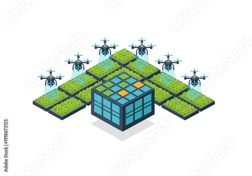 Automated Drones Overseeing Smart Agricultural Fields and Data Management System, Illustrating Modern Precision Farming Technology