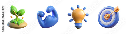 Motivation and growth icon collection. Includes growth, strength, idea, and target symbols. Created in colorful style with vibrant palette