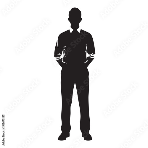 Silhouette of a man standing with hands in pockets, full body shot, wearing a collared shirt and trousers, casual professional stance, ready for engagement.