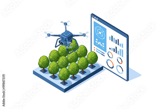 Conceptual illustration of a drone monitoring a cultivated field, wirelessly sending data to a digital screen for smart farm analysis.