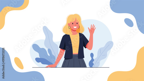 Friendly young woman with blonde hair waving her hand with a happy smile against a background of abstract blue and yellow shapes.