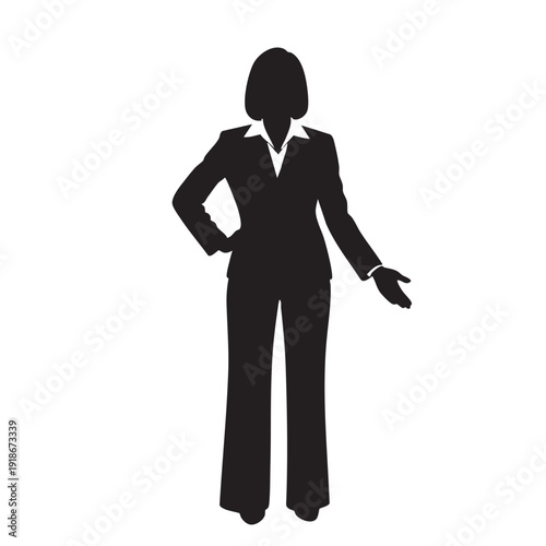 Businesswoman silhouette presenting with hand gesture in formal suit representing female professional leadership and corporate communication on clean white background for office marketing designs
