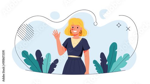 Smiling young woman with blonde hair waving her hand while standing in front of abstract blue shapes and decorative leafy plants.