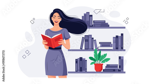 Young woman happily reading a red book while standing in front of a bookshelf with various volumes and a small potted plant in a peaceful room.