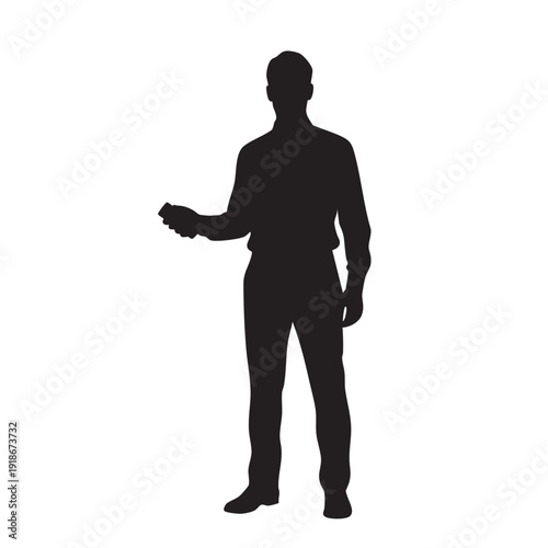 Businessman holding a small object, silhouette of an adult male in a shirt, business person, professional, male silhouette, isolated on white background, showing or presenting something in hand