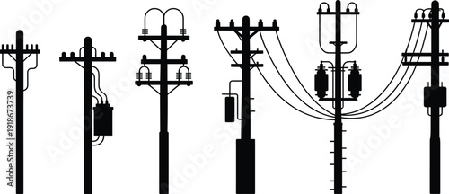 Comprehensive set of industrial power plant silhouettes with cooling towers and various electric utility poles for energy distribution and urban infrastructure engineering design icons.