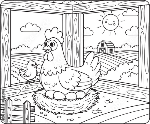 Mother hen and chick in cozy nest on farm with sunny landscape