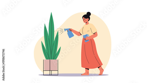 Young woman in casual clothing watering a tall potted green houseplant with a spray bottle to care for her indoor garden and home environment.