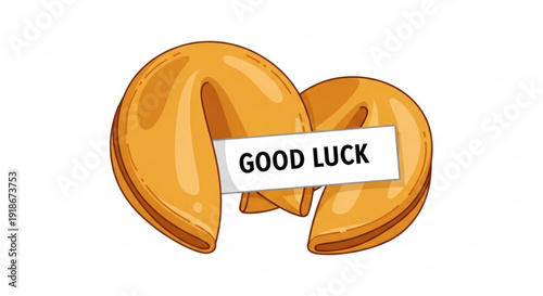 Golden fortune cookie with good luck message inside on white background illustration