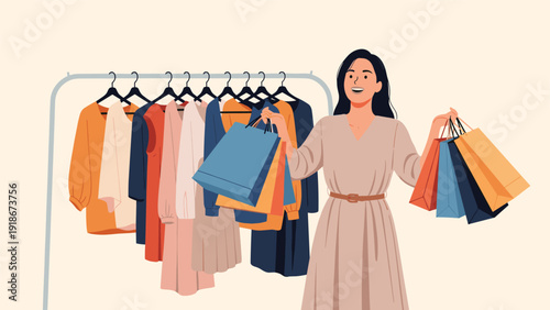Happy young woman holding several colorful shopping bags while standing in front of a clothing rack filled with garments after a successful spree.