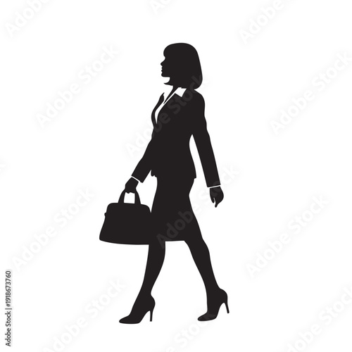Business woman walking with a handbag, black vector silhouette of a female executive in suit and high heels, elegant professional on the move, isolated on white background