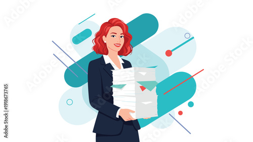 Professional woman with red hair wearing a dark business suit and holding a large stack of papers against a dynamic geometric background design.