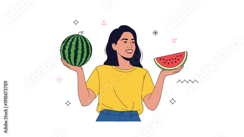 Smiling young woman holding a whole striped watermelon and a juicy red slice while standing against a white background with small geometric shapes.
