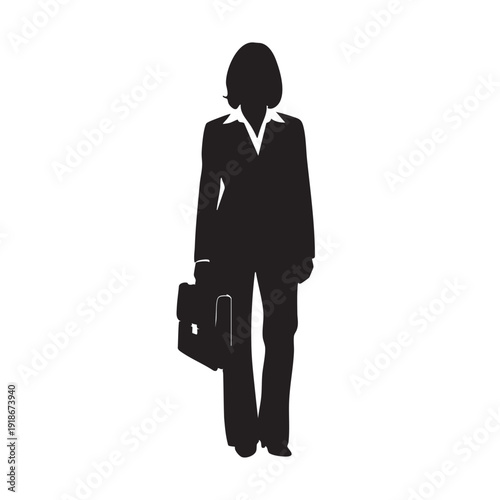 Professional business woman in a suit standing and holding a briefcase in her hand, full body black vector silhouette illustration of an adult female executive on white background
