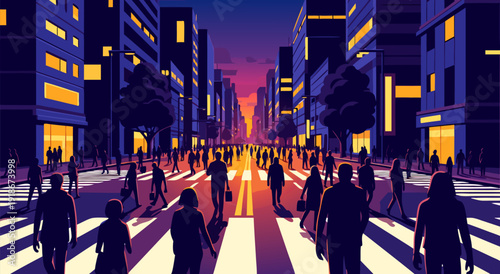 Urban Street Scene with Luminous Buildings and Movement