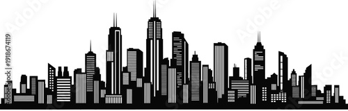Modern City Skyline Silhouette Vector, Urban Architecture Landscape with Skyscrapers and Downtown Buildings Illustration