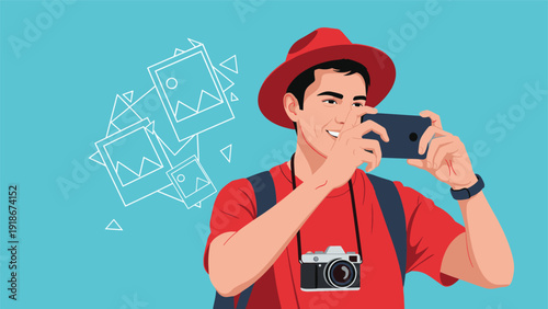 Happy young male traveler with a red hat and camera taking a photo with his smartphone in front of a blue background with picture icons.
