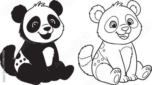 Adorable panda bears in black and white illustration