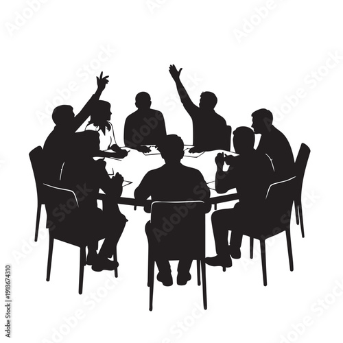 Business meeting silhouette group of people sitting around round table having discussion team collaboration brainstorming workshop and decision making process during corporate seminar on white
