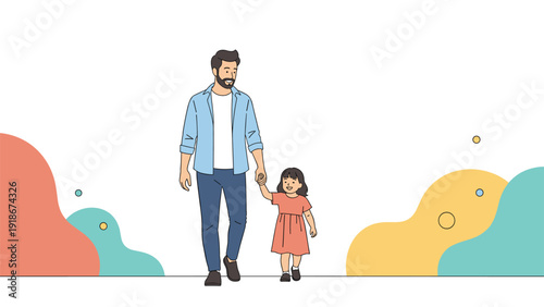 Smiling father walking and holding hands with his young daughter against a colorful abstract background representing a happy family bond.