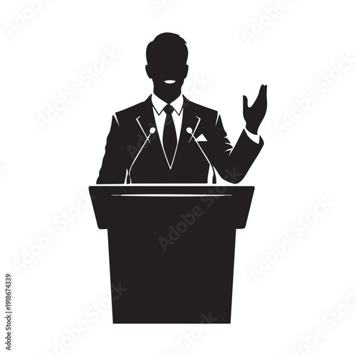 Orator silhouette speaking at podium with microphones making hand gesture for political speech or public presentation in corporate conference flat vector illustration for media and event branding