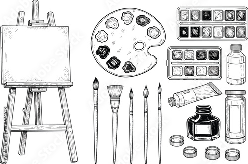 Artist painting tools vintage engraving illustration set, easel canvas palette brushes watercolor paint tubes creative art studio hand drawn vector collection