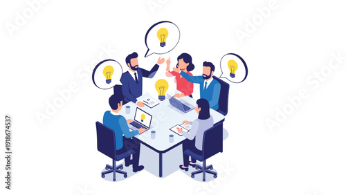 Team of creative professionals having a productive brainstorming session with idea light bulbs over their heads.