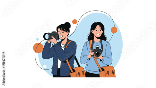 Two female photographers smiling and carrying professional cameras while working together on a creative project.