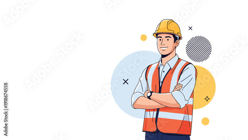 Professional construction worker in a safety vest and yellow hard hat standing with arms crossed and smiling.