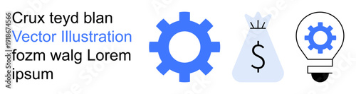 Business growth, financial planning, innovation strategy, creative problem solving, economic success, technology integration. Blue gear, white money bag with dollar sign, lightbulb with gear inside