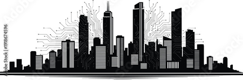Smart City Skyline with Digital Circuit Lines, Futuristic Technology Urban Landscape Vector Illustration for AI, IoT, and Innovation Concept
