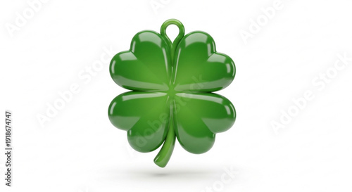 Shiny green four leaf clover pendant with glossy finish and loop on white background symbolizing luck and fortune