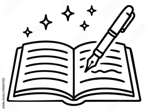 Hand drawn line art illustration of an open book and fountain pen depicting writing and sparkling inspiration for education and creativity concepts