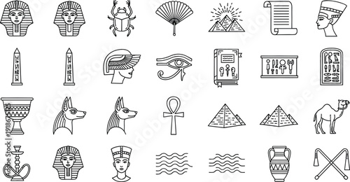 Ancient Egypt Symbol Icon Set Featuring Pharaoh, Pyramid, Ankh, Eye of Horus, Sphinx, Papyrus Scroll and Egyptian Hieroglyph Vector Collection