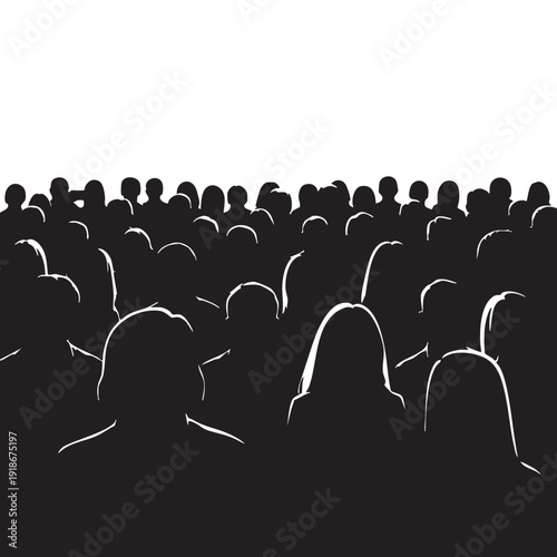 Crowd of people silhouette illustration, representing audience, spectators, or large group gathered for event, concert, or presentation in black and white.