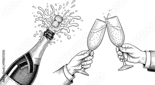 Champagne celebration vintage engraving illustration, hands clinking glasses with popping bottle splash festive party toast sparkling wine hand drawn vector