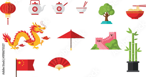 Chinese culture flat icons set, dragon lantern teapot great wall bamboo fan noodle bowl traditional asia vector illustration collection design