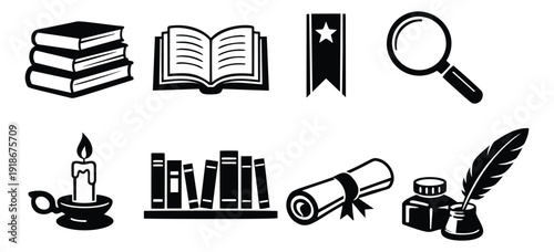 Line art academic icon set featuring books, a quill and a magnifying glass for knowledge and study