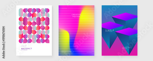 Professional collection of three posters featuring 3D pyramids colorful drop patterns and blurred neon gradients