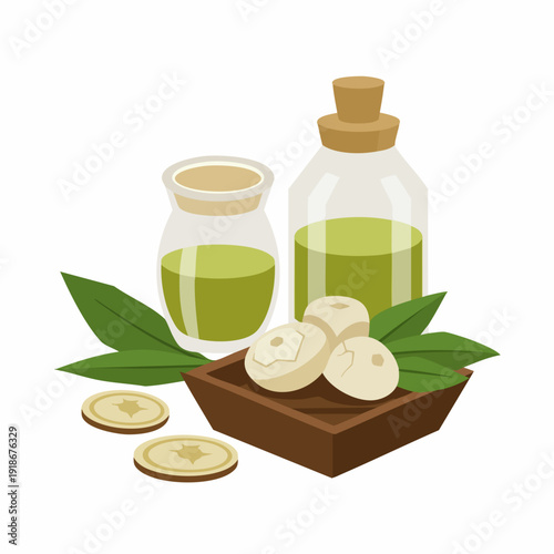 Flat Illustration of Galangal and Bottle of Essential Oil Ingredient