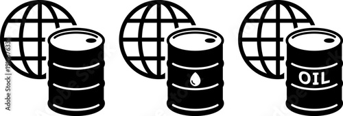 世界と原油ドラム缶の白黒シンプルアイコン（Global Oil Barrel Black and White Icon）
