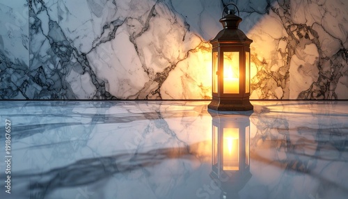 Elegant Ramadan Lantern on Marble Surface with Warm Light Reflection.