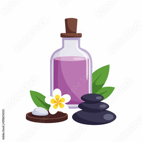 Flat Illustration of Spa Treatment with Oil, Stones and Flower