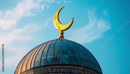 Golden Crescent Moon atop a Mosque Dome against a Blue Sky.