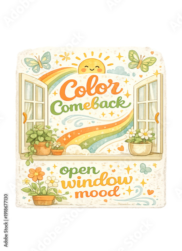 color comeback on a sunny desk, vibrant creative revival, bright sunlight workspace, colorful stationery arrangement, cheerful desk flat lay, rainbow art supplies, warm natural lighting, optimistic mo