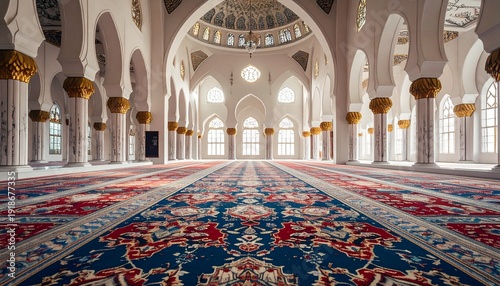 Interior view of a mosque with ornate carpet and arches.